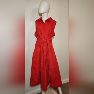 Banana Republic Red Cotton Maxi Shirt Dress Tie Waist Pockets XXL